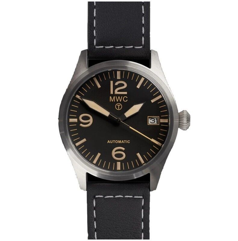MWC Classic Aviator Automatico Acciaio Nero Data Pelle Militare Orologio Uomo