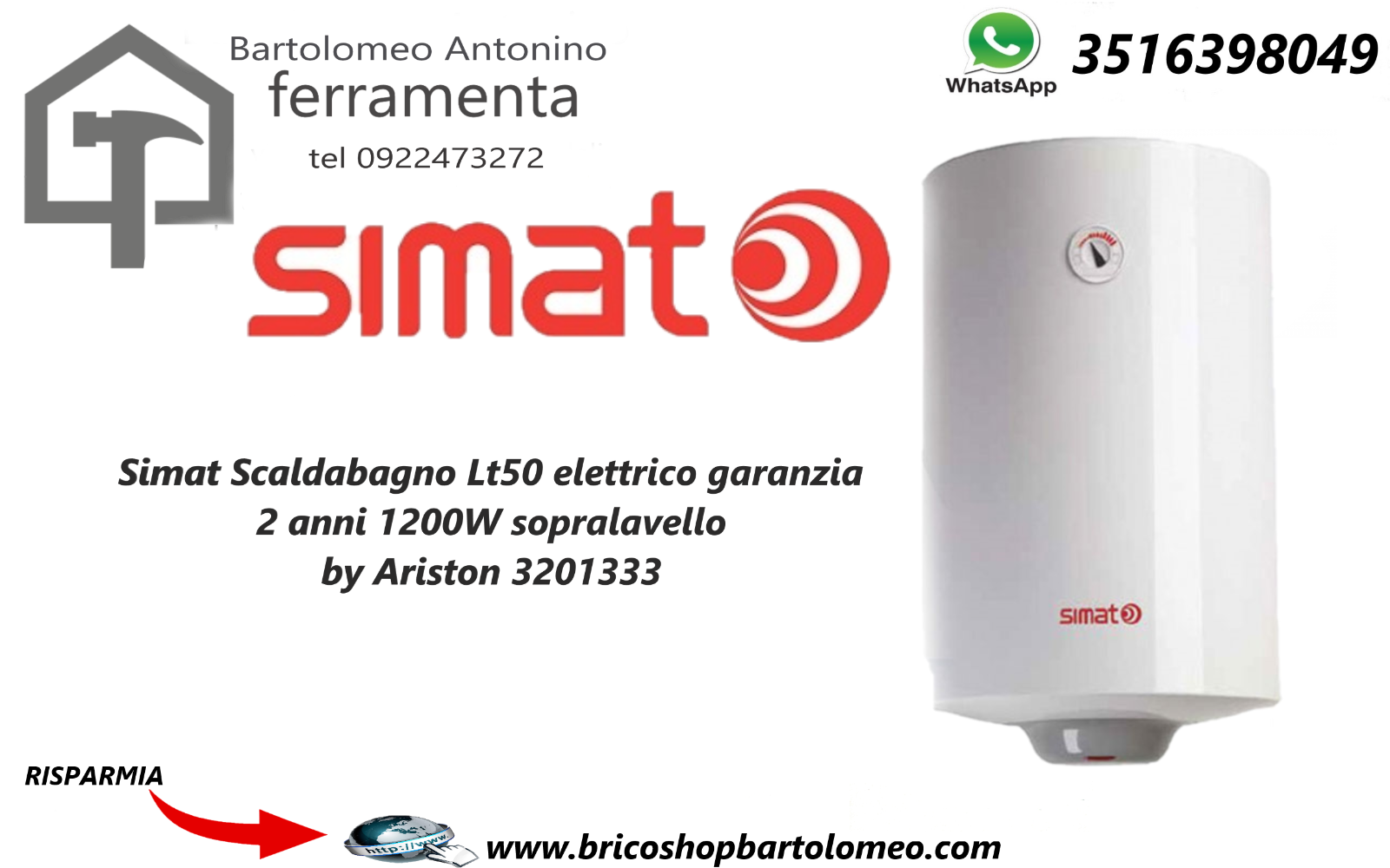 Simat Scaldabagno Lt50 elettrico garanzia 2 anni 1200W sopralavello