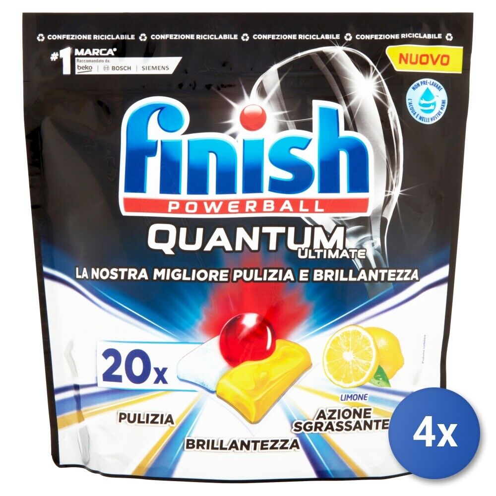 4x Finish Tabs Lavastoviglie 20 Pz. Quantum Limone