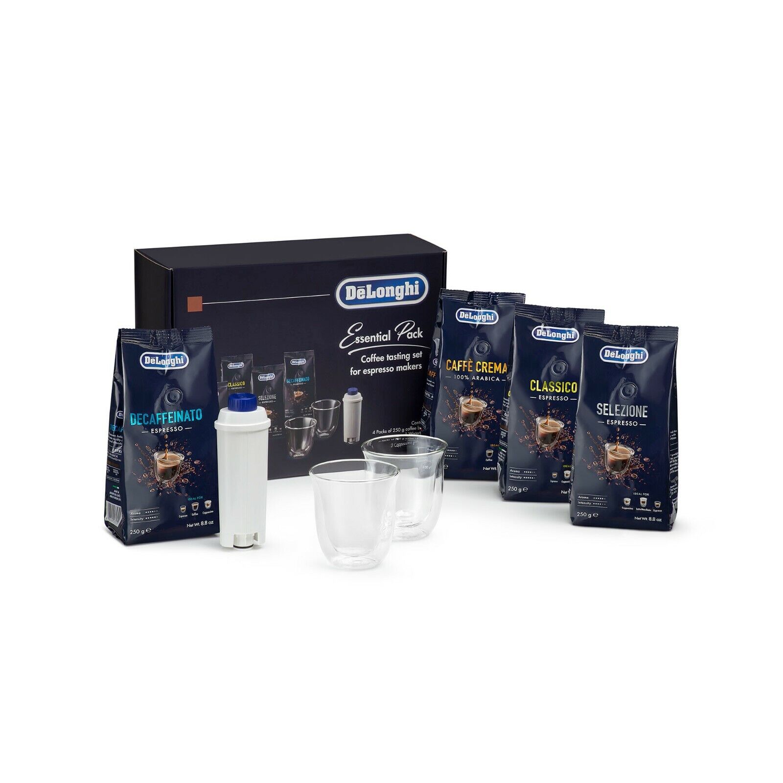 Delonghi set degustazione caffè in chicchi Essential + filtro + tazze cappuccino