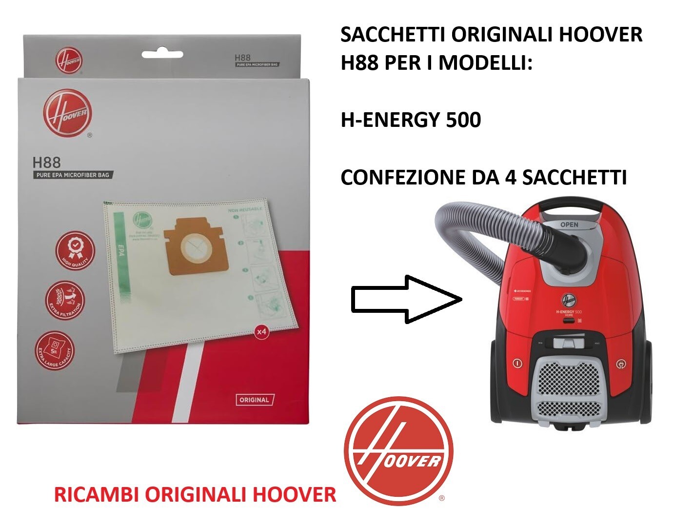 SACCHETTI H88 HOOVER ORIGINALI ASPIRAPOLVERE H-ENERGY 500, 4 PZ.
