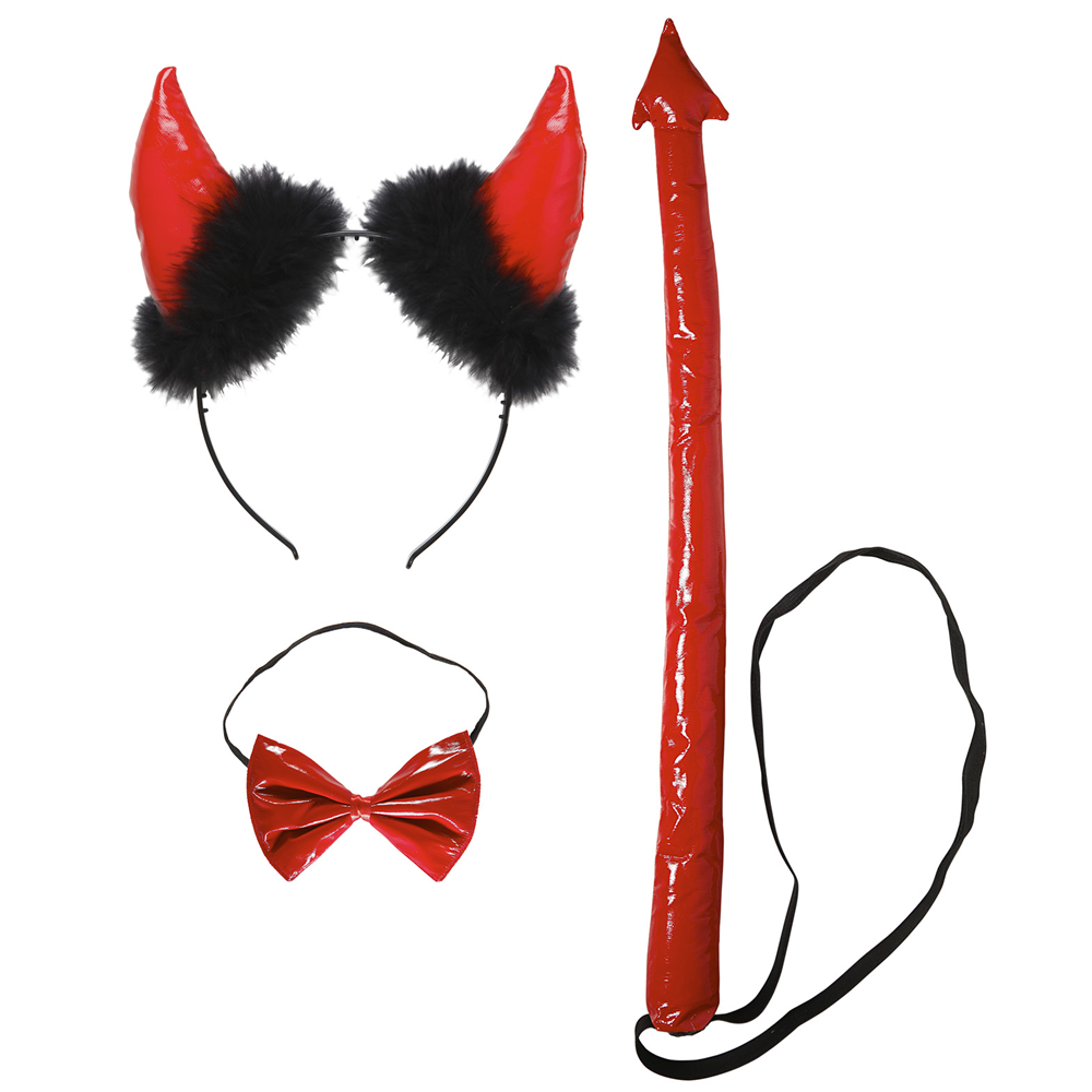 SET TRAVESTIMENTO - DIAVOLO ROSSO IN VINILE - CORNA, PAPILLON  E CODA -ACCESSORI