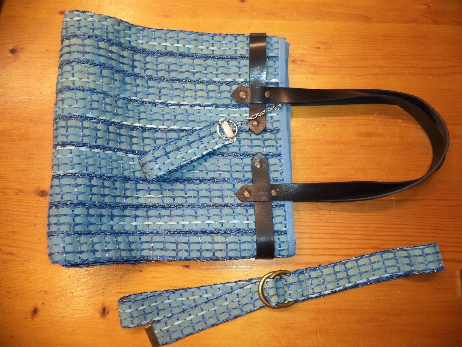 Borsa don+cintura+portachiavi abbinati in treccia blu - 100% Made in Italy
