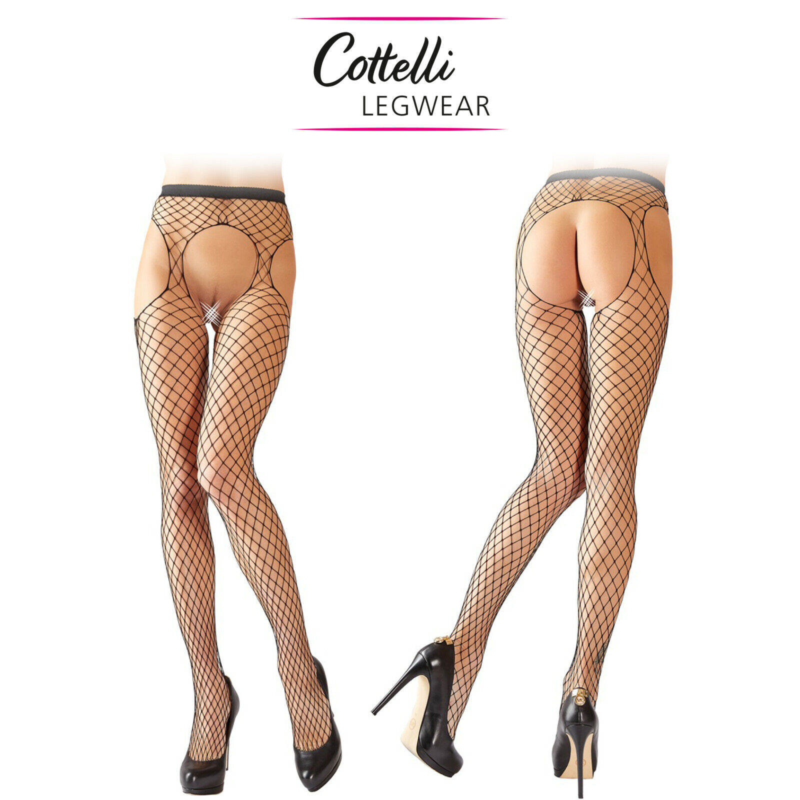 Cottelli Collection Legwear Sexy Stretchy Net Suspender Tights Clotchless Black