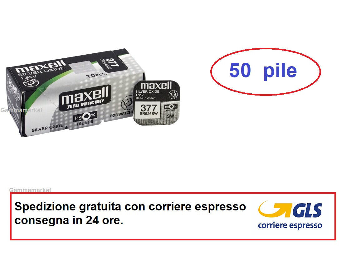 50 pile per orologio  MAXELL 377  SR626SW  SR66  Ossido d'argento