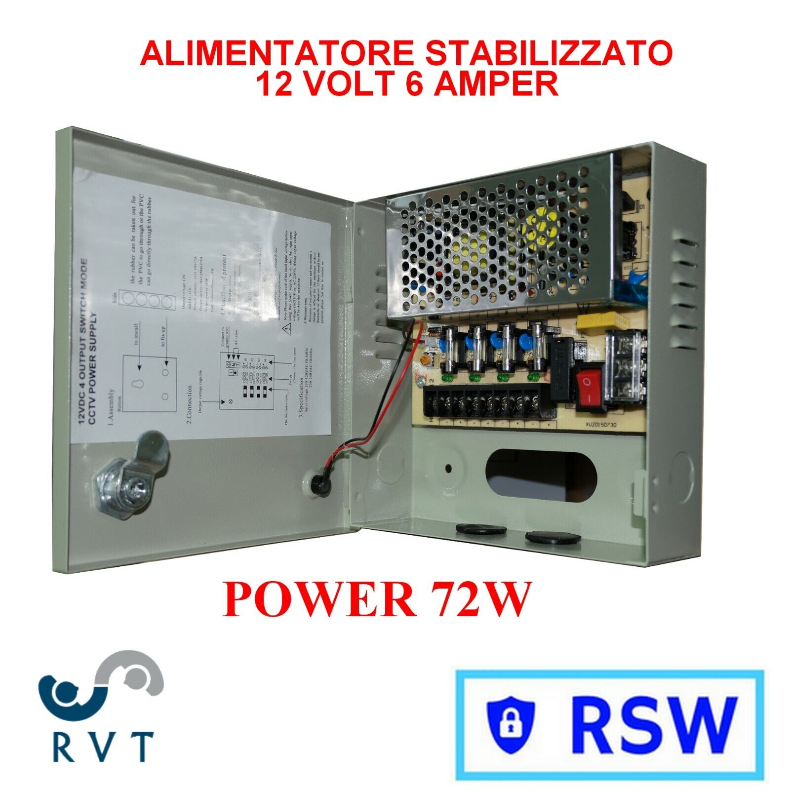 RACK BOX ALIMENTATORE STABILIZZATO 4 USCITE CANALI CENTRALINA TELECAMERA DC CCTV