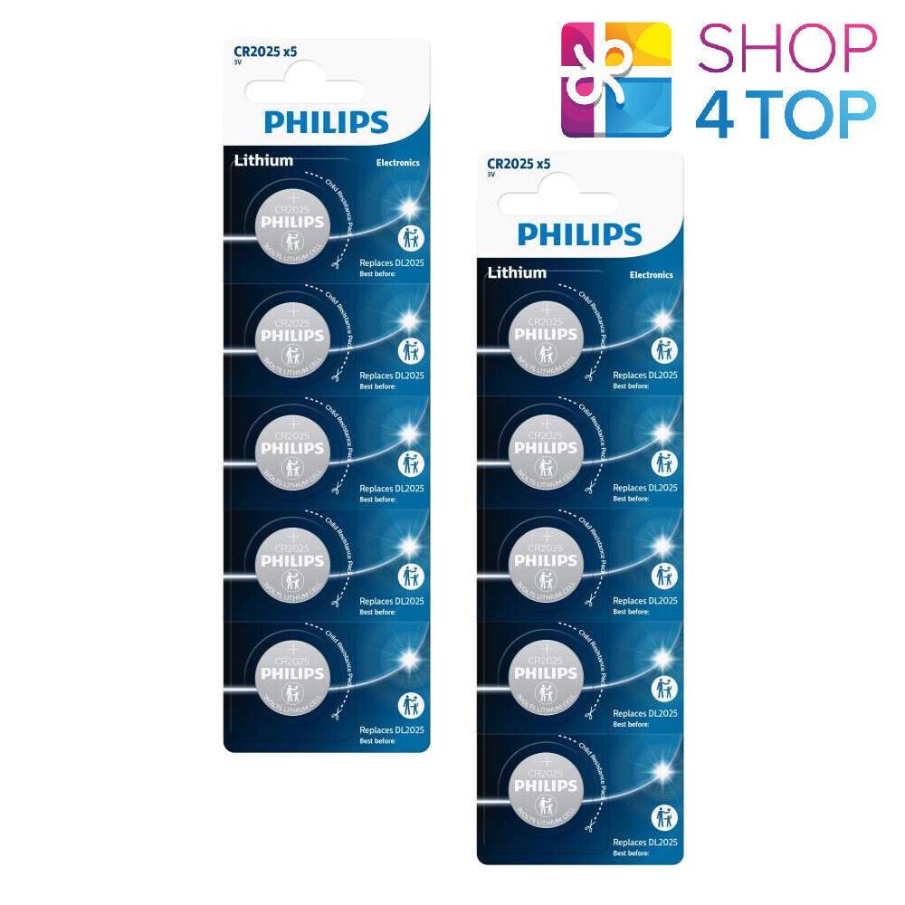 10 Philips CR2025 Batterie Al Litio 3V Cella a Moneta Bottone 5BL Exp 2031 Nuovo