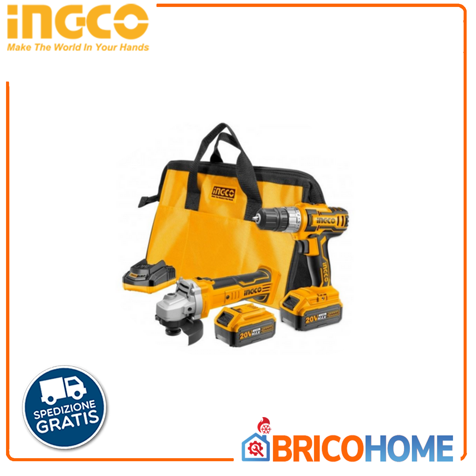 KIT INGCO TRAPANO AVVITATORE+SMERIGLIATRICE 20V CON 2 BATTERIE E BORSA IN TELA