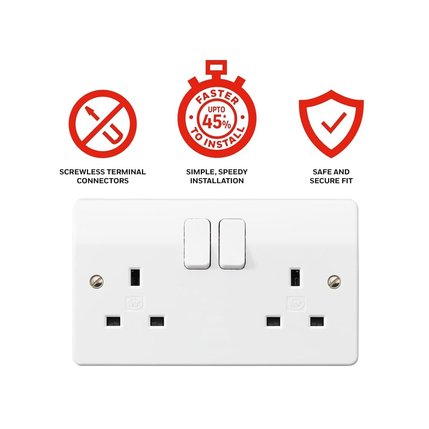 MK Electric Rapid Fix Screwless Termination Double Socket, White Moulded, 2G 13A
