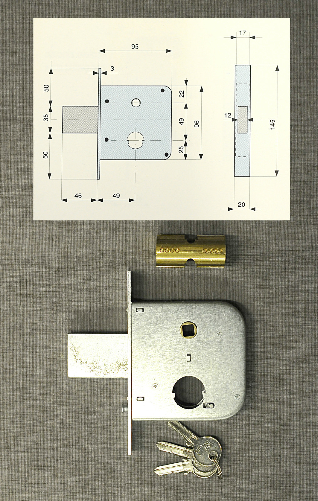 serratura  MG 134 - 50    1 mandata e scrocco  con quadro maniglia 8mm