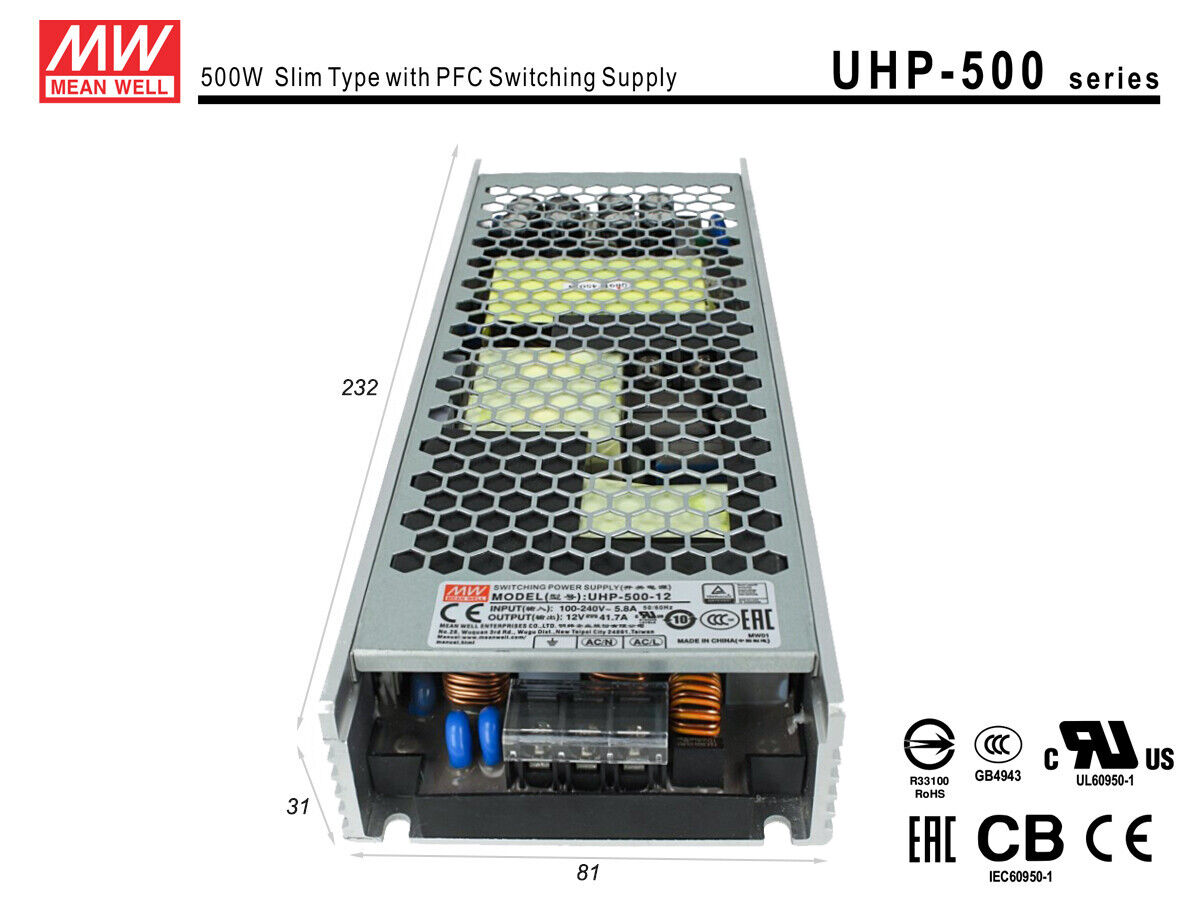 Alimentatore MeanWell CV 12V 500W 41,7A Senza Ventola UHP-500-12 Trasformatore