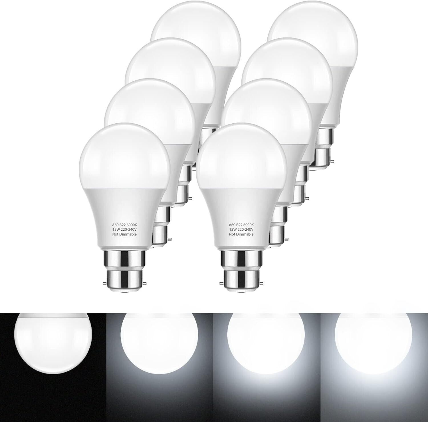 Bonnov  8 lampadine LED B22, 15W Bianco Freddo 6000K A60 eq 150W non dimminerale