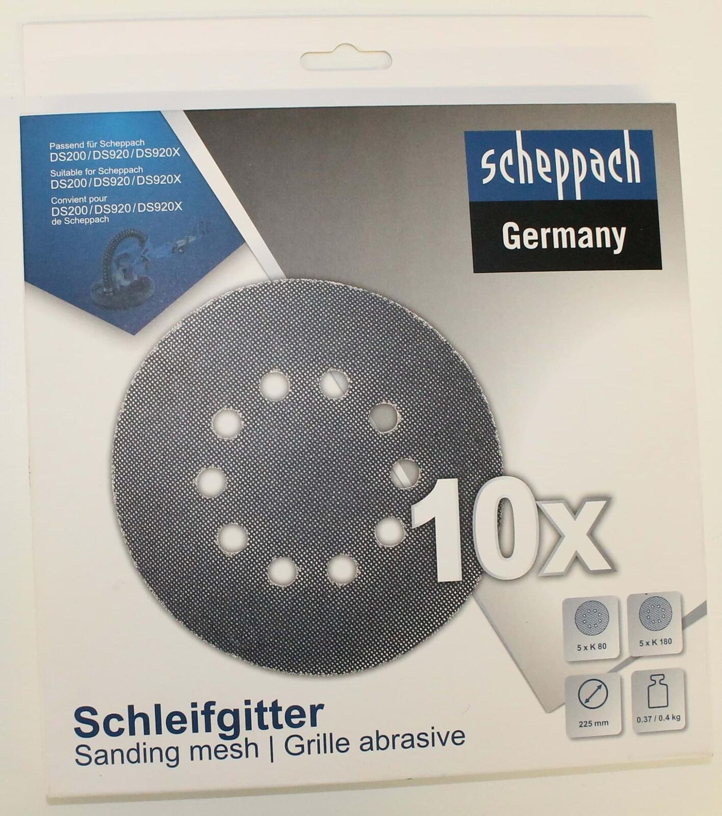 Kit 10 dischi abrasivi in rete 225mm 80-180 gr per levigatrici da muro Scheppach