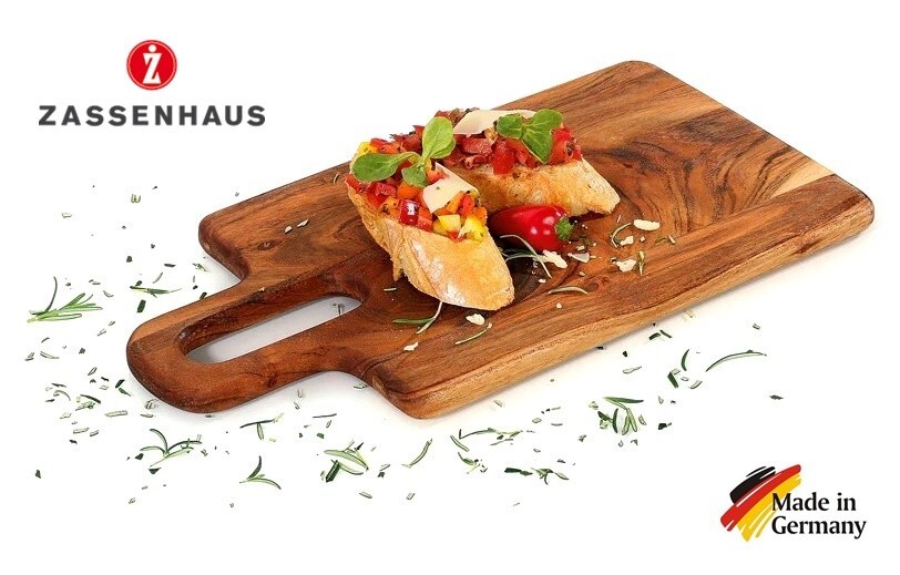 TAGLIERE RETTANGOLARE IN LEGNO D'ACACIA CON MANICO cm 38X20 "ZASSENHAUS" GERMANY
