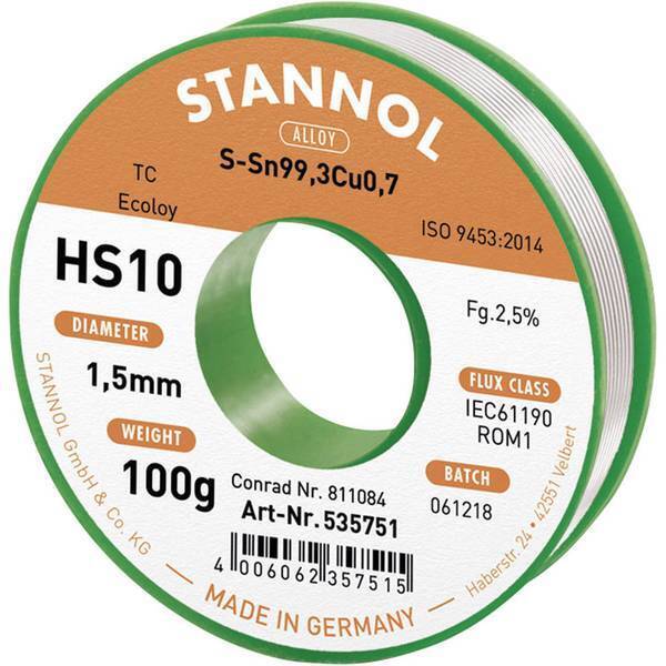 Stannol hs10 2510 stagno senza piombo bobina sn99.3cu0.7 100 g 1.5 mm