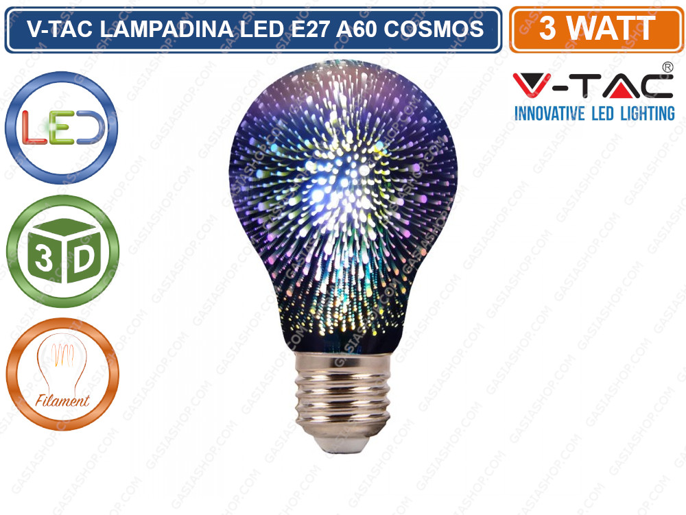 V-TAC VT-2203 LAMPADA LAMPADINA E27 FILAMENTO LED COSMOS 3W BULB A60 EFFETTO 3D