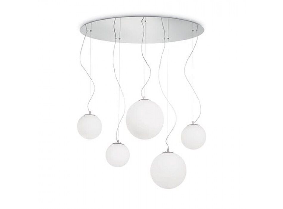 IDEAL LUX MAPA RIGA SP5, sospensione moderna lampadario bianco in vetro soffiato