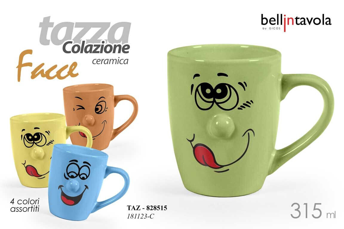 SET 4 TAZZE SIMPATICHE FACCINE IN CERAMICA MUG 4 COLORI 315 ML TAZ-828515