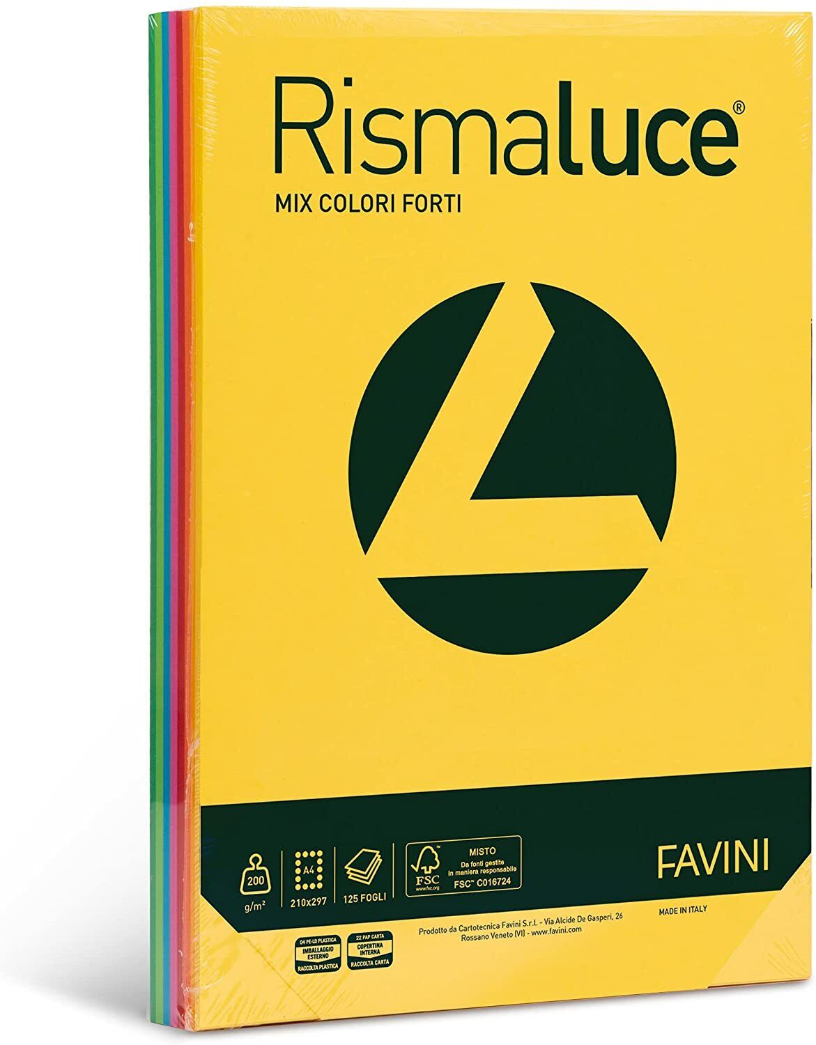 cartoncino colorato a4 200g 125fg Favini RISMALUCE 8 colori FORTI assortiti a67X