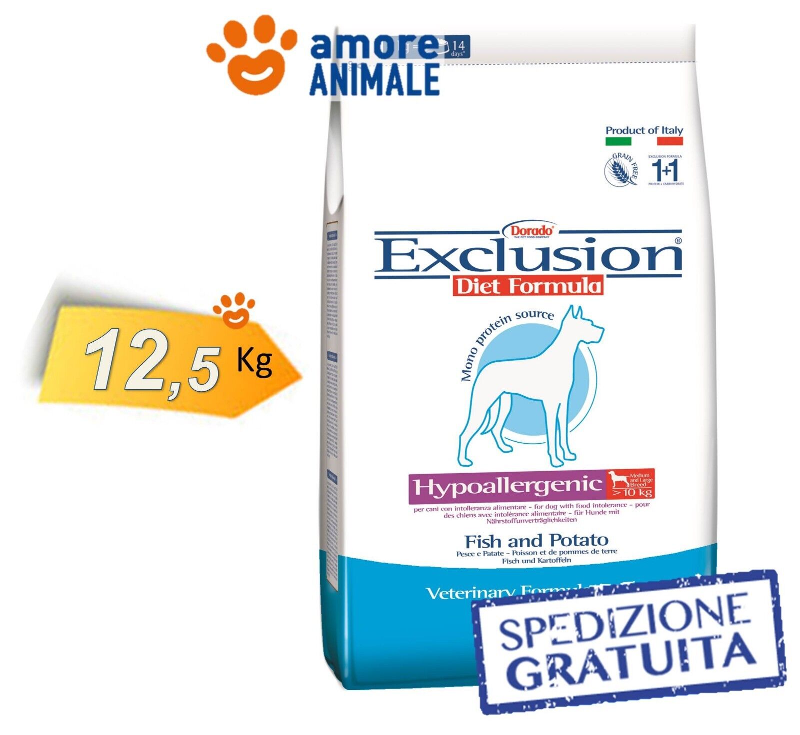 Exclusion Diet Hypoallergenic M/L Breed Fish & Potato 12,5 kg > Pesce e Patate