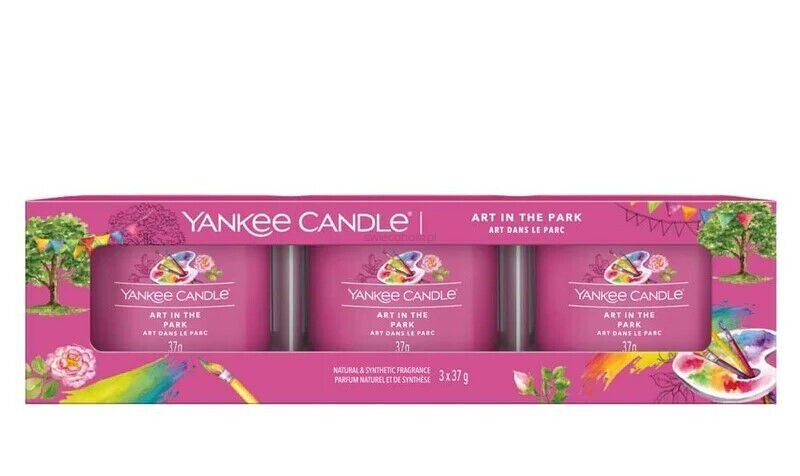 YANKEE CANDLE SET 3 CANDELE CANDELA PROFUMATA VOTIVE VETRO MINI ART IN THE PARK