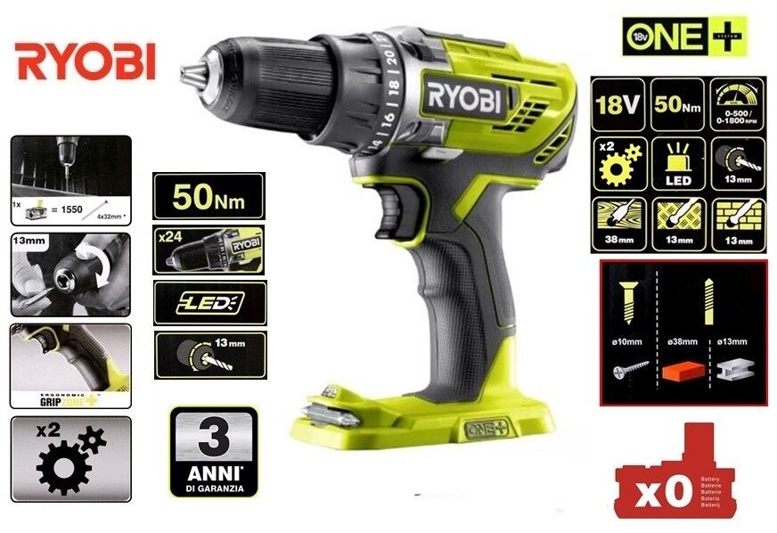 TRAPANO AVVITATORE MANDRINO13 mm 18V - 50Nm "RYOBI" ONE PLUS BATTERIA ESCLUSA