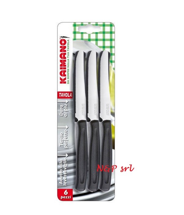 6 COLTELLI KAIMANO MANICO NERO LAMA ACCIAIO INOX  PUNTA TONDA COLTELLO DA TAVOLA