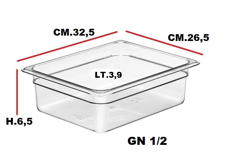CONTENITORE BACINELLA GASTRONORM 1/2 CM.32,5 x 26,5 x H.6,5 LT.3,9 POLICARBONATO