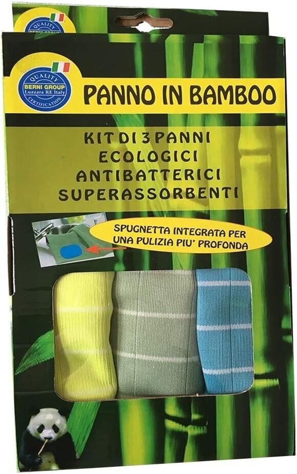 Nuovo Kit 3 pezzi Panni Pulizia in Bamboo Ecologici Antibatterici