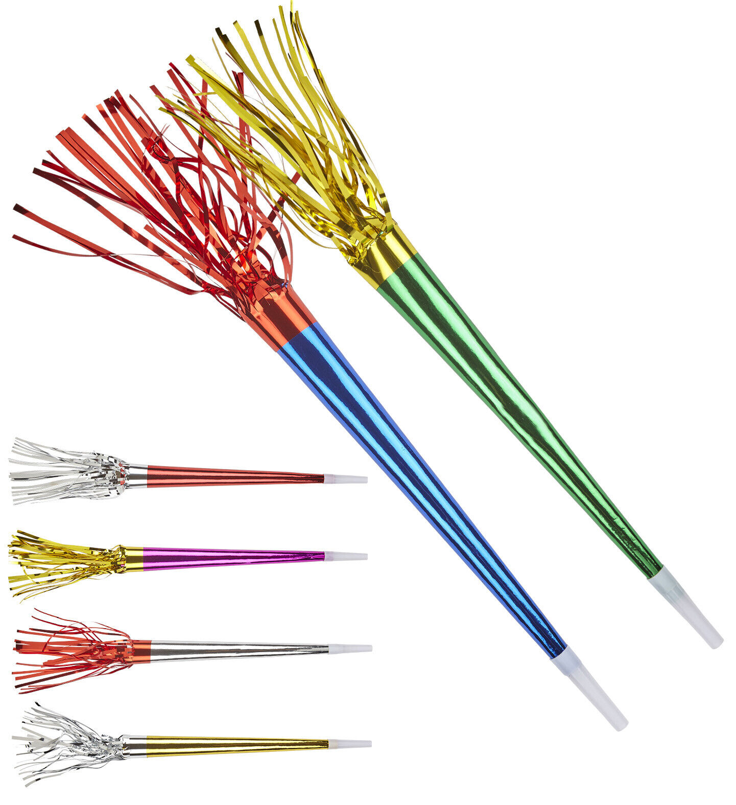TROMBE METALLIZZATE  SONORE 35 CM. CARNEVALE, CAPODANNO  2 PEZZI
