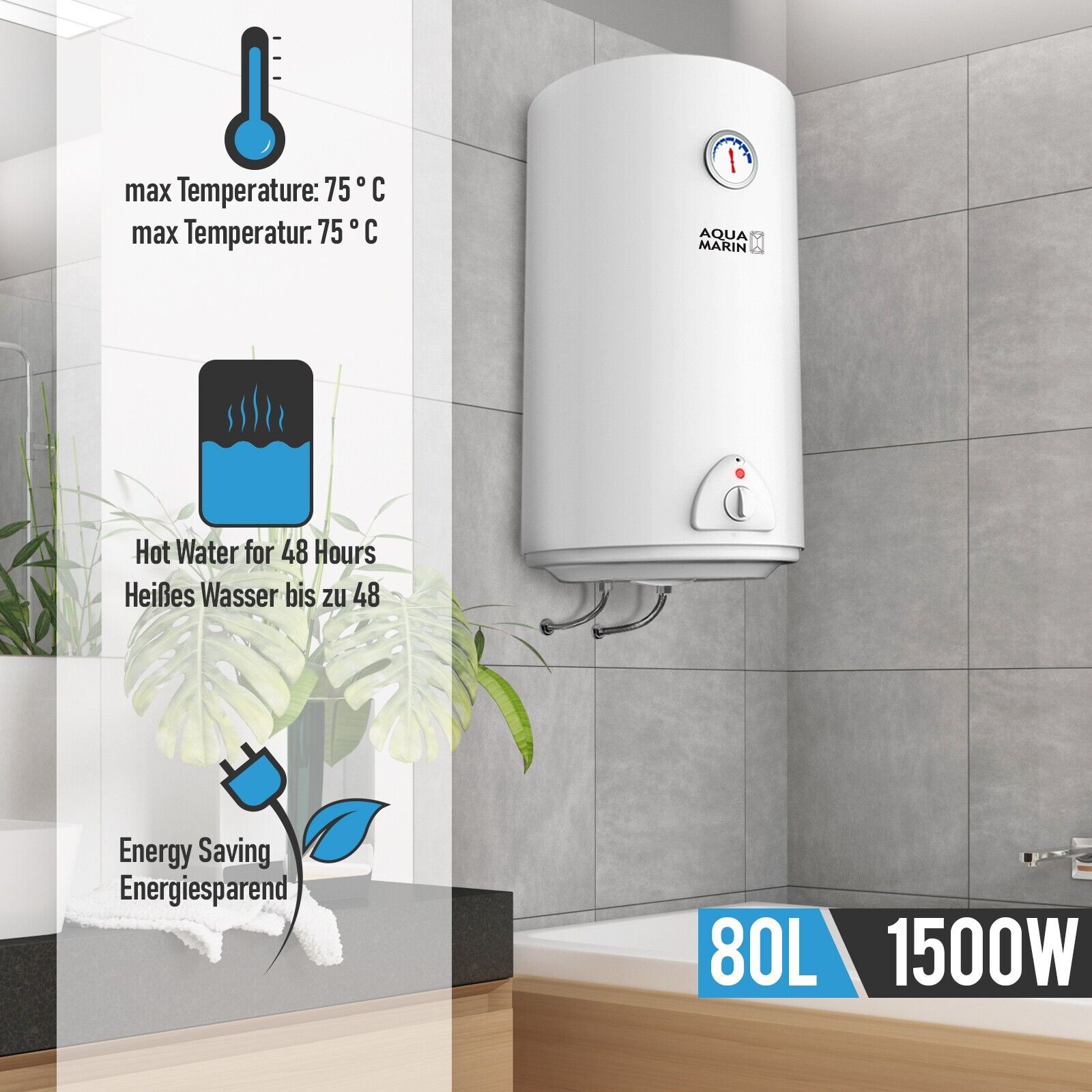 Scaldabagno Elettrico - Capacità 80 litri, Potenza 1500 W