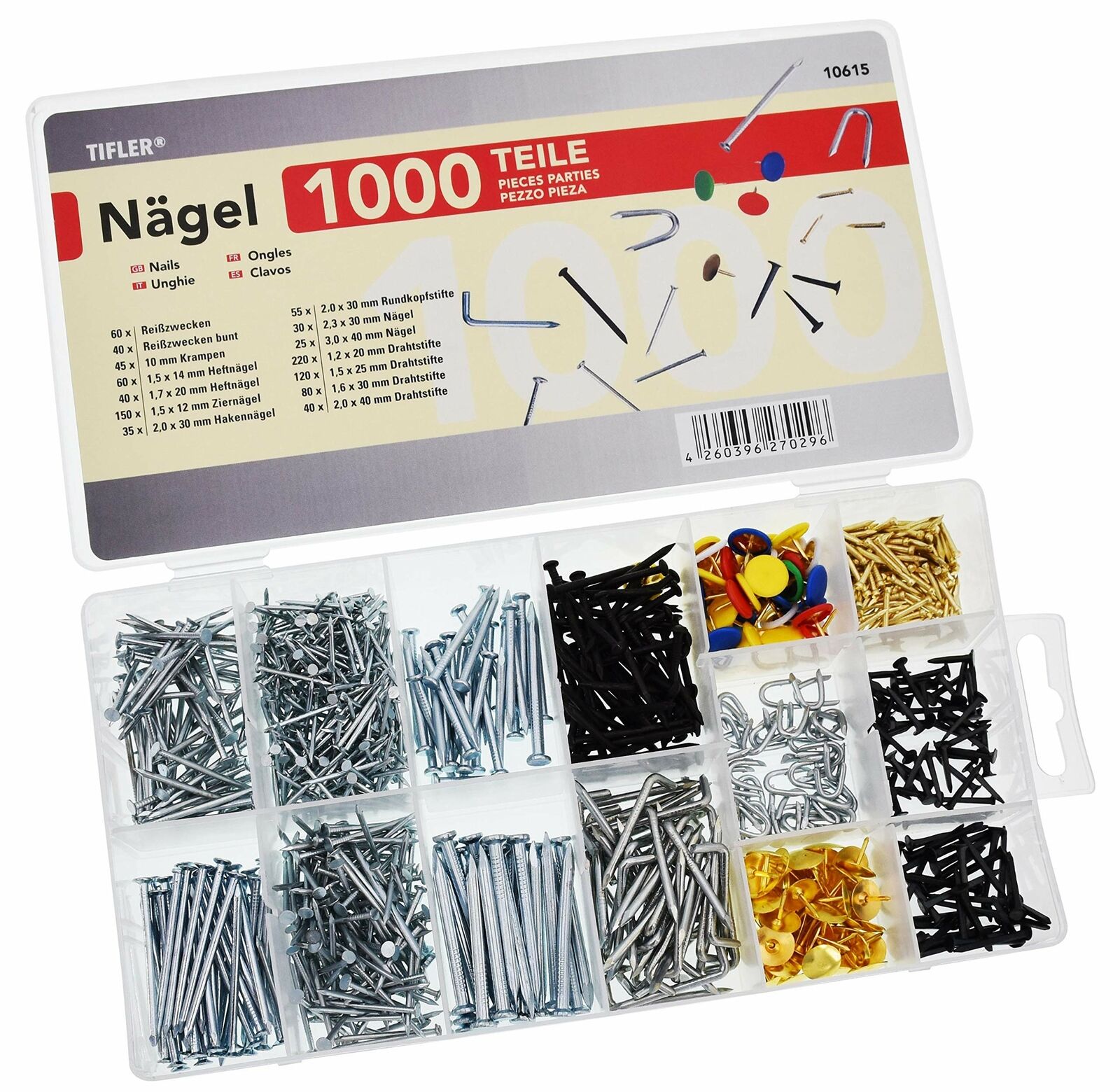 Set 1000 chiodi e puntine, 14 diverse forme e dimensioni con cassetta (r0y)