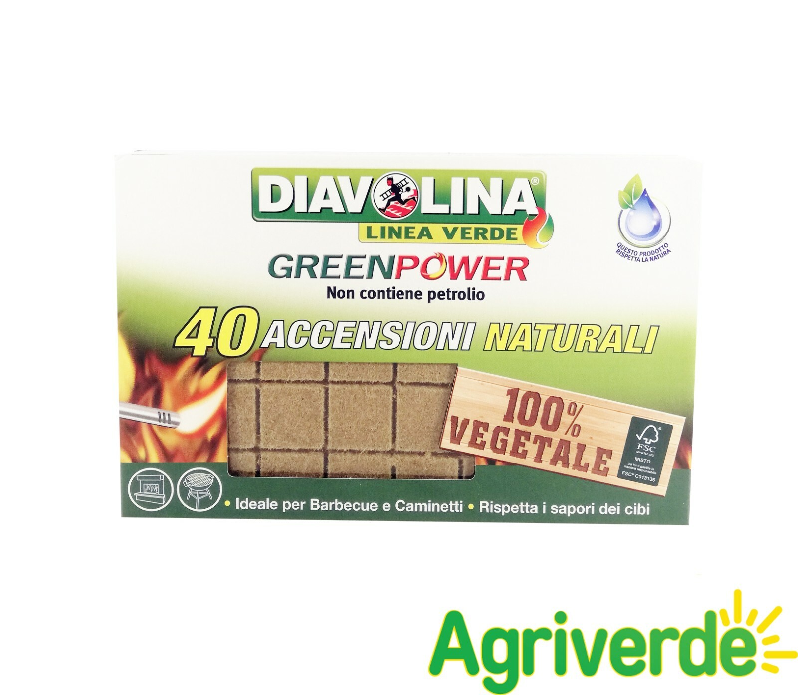 Diavolina Accendi fuoco vegetale GreenPower Camini stufe barbecue 40 pz