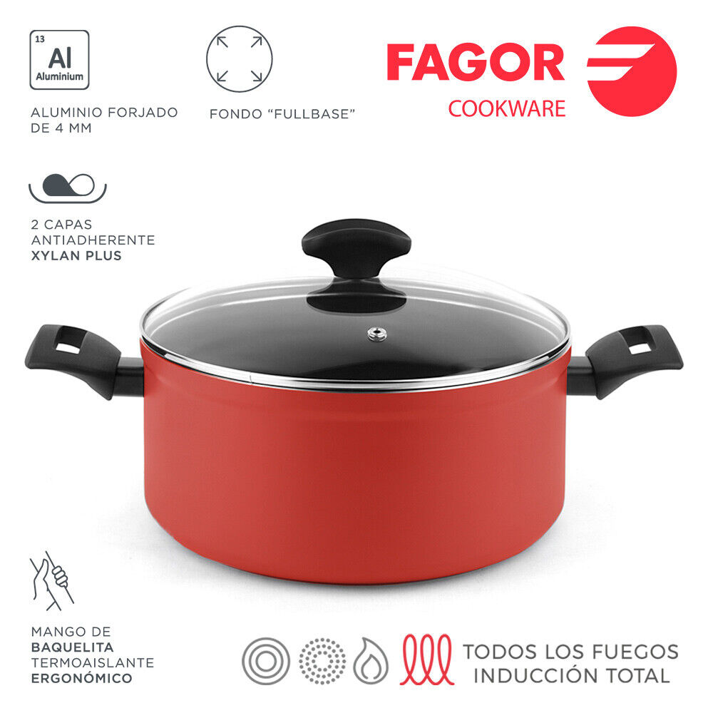 E3/78545 Pentola Massima + Coperchio Rossa Alluminio 3004 Fagor Ø20X10CM