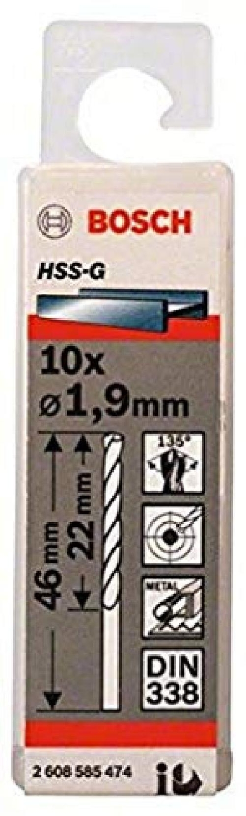 BOSCH 2608585474   Broca para metal HSS G DIN338: 1,9 x22 x46: 10 uds