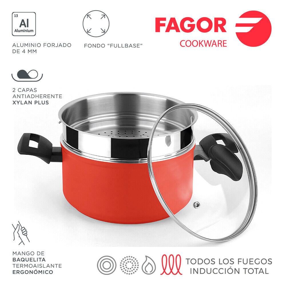 E3/78547 Pentola Massima+Coperchio+Steamer Rossa Alluminio 3004 Fagor