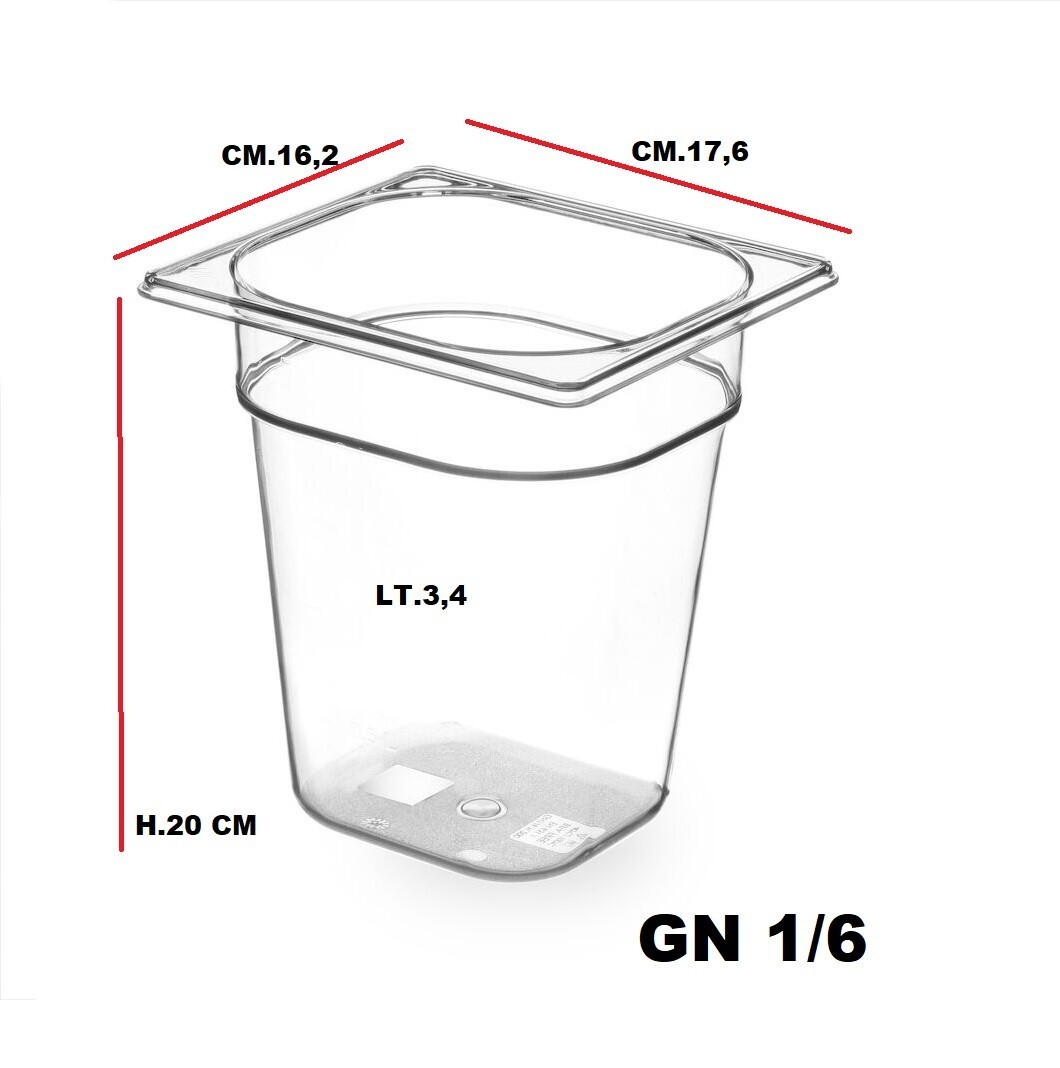 CONTENITORE BACINELLA GASTRONORM 1/6 CM.17,6 x 16,2 x H.20 LT.3,4 POLICARBONATO