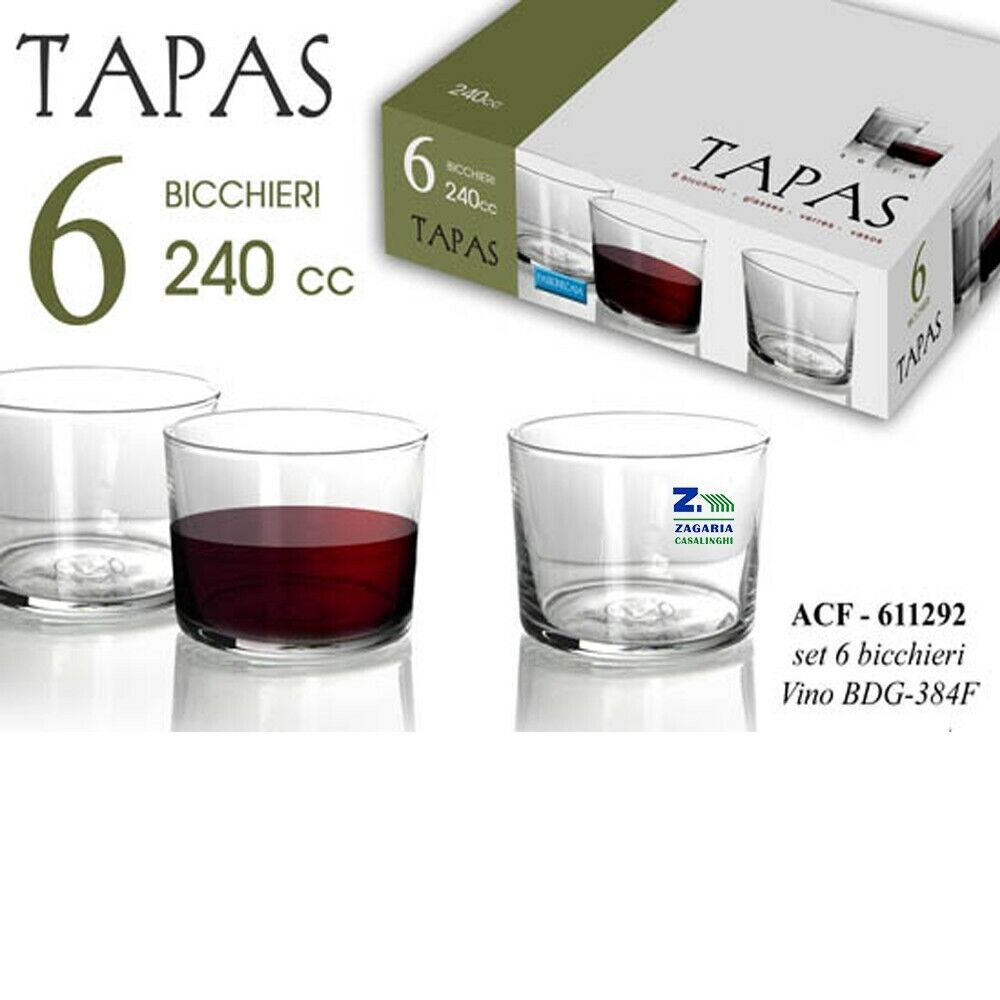 SET 6 BICCHIERI VINO ACQUA VETRO TAPAS TRASPARENTE 240CC ACF 611292