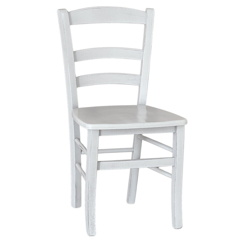 Sedia da pranzo in legno paesana anticata bianca con seduta in massello shabby