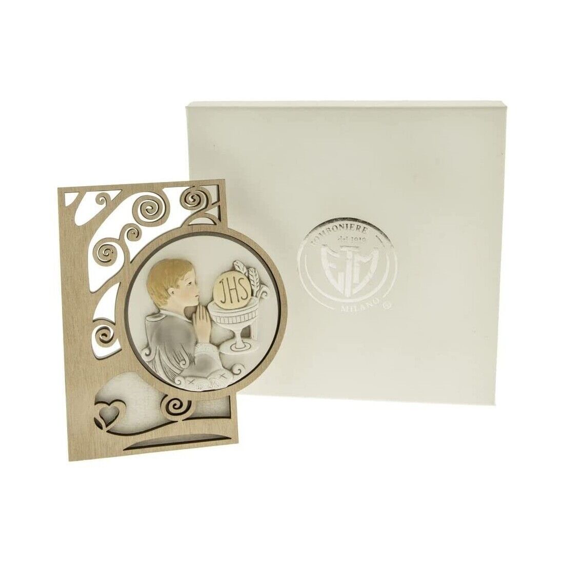 GLORIA ICONA LEGNO E RESINA BAMBINO PRIMA COMUNIONE 13x15 CM BOMBONIERA CON SCAT