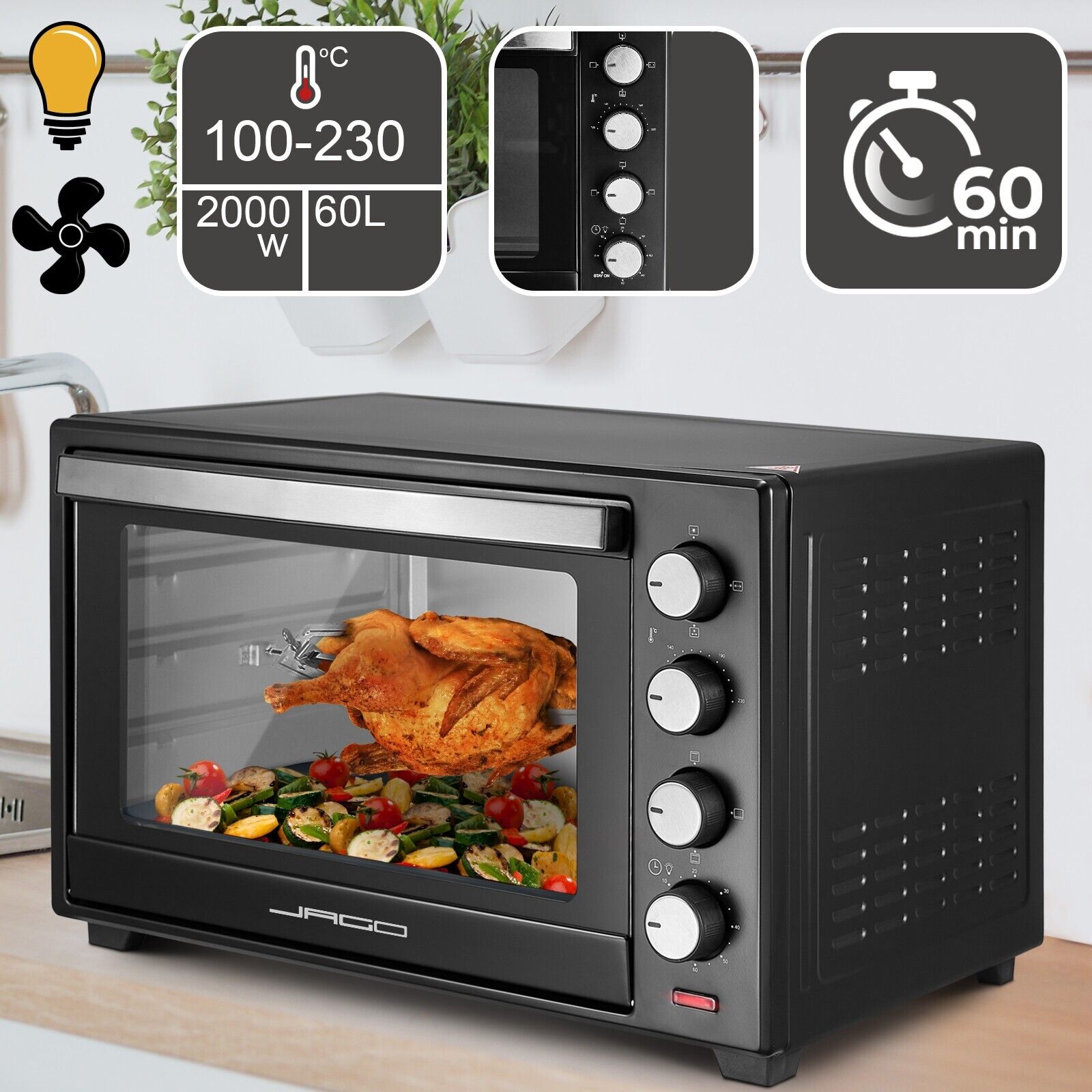 Forno Elettrico - 60 l, 2000 W, 6 Modalità di Cottura, con Girarrosto