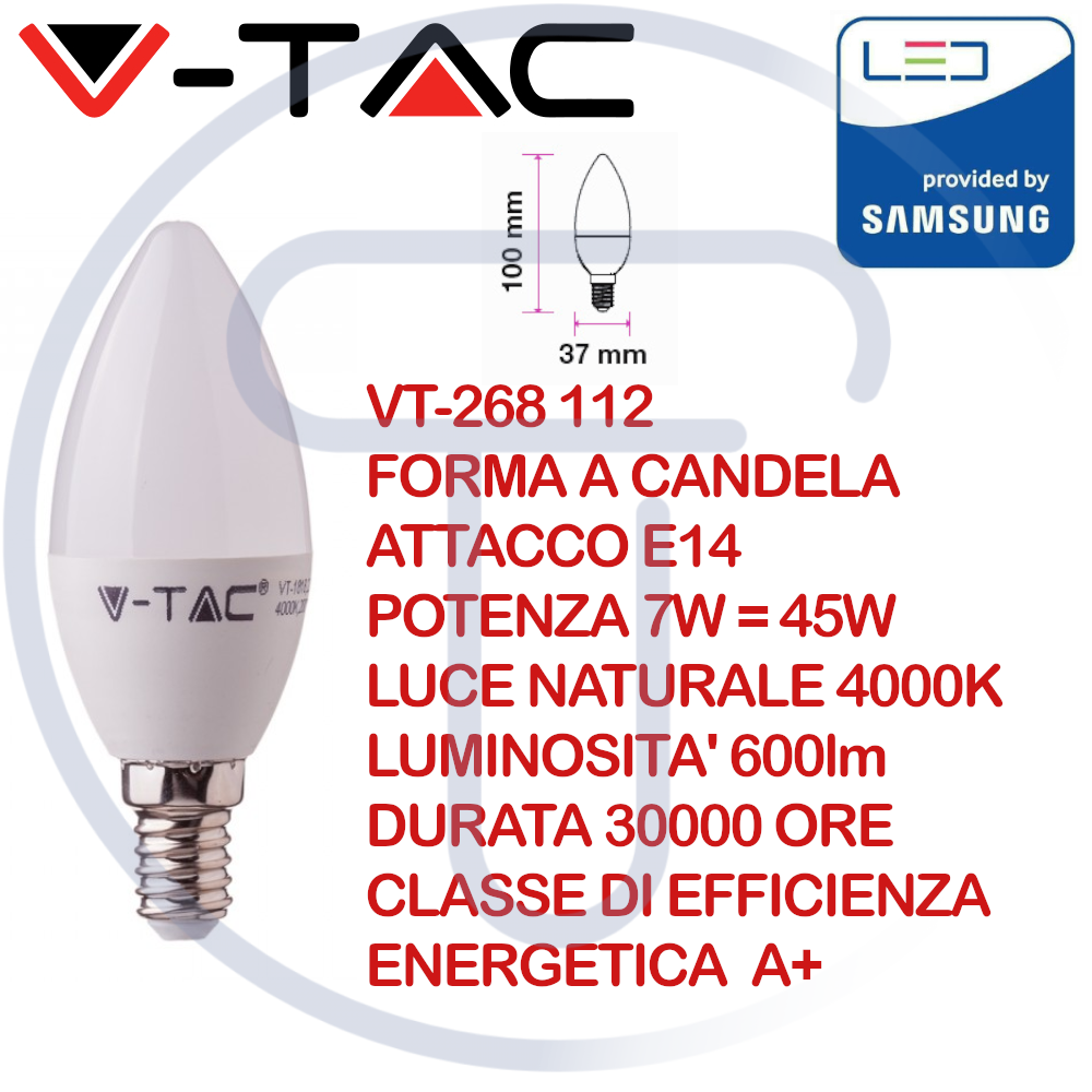 V-TAC PRO VT-268 112 Lampadina LED Chip Samsung E14 7W = 45W Candela 4000K