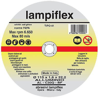 Disco abrasivo taglio alluminio lampiflex  mm 115x22,2 h.mm 1,6 (25 pezzi) Lampi