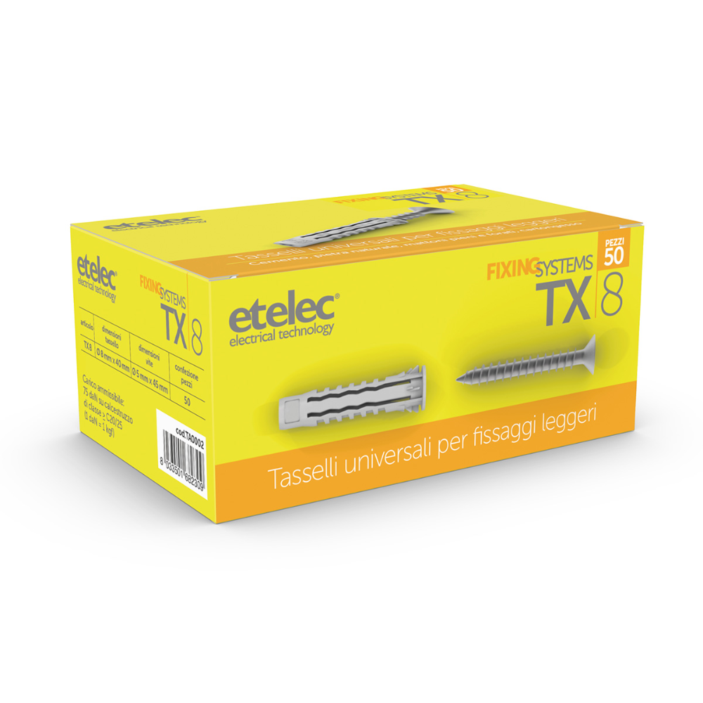 TX8 50 PZ TASSELLI UNIVERSALE IN NYLON 8X40 MM+VITE  - ETELEC ITALIA TA0002