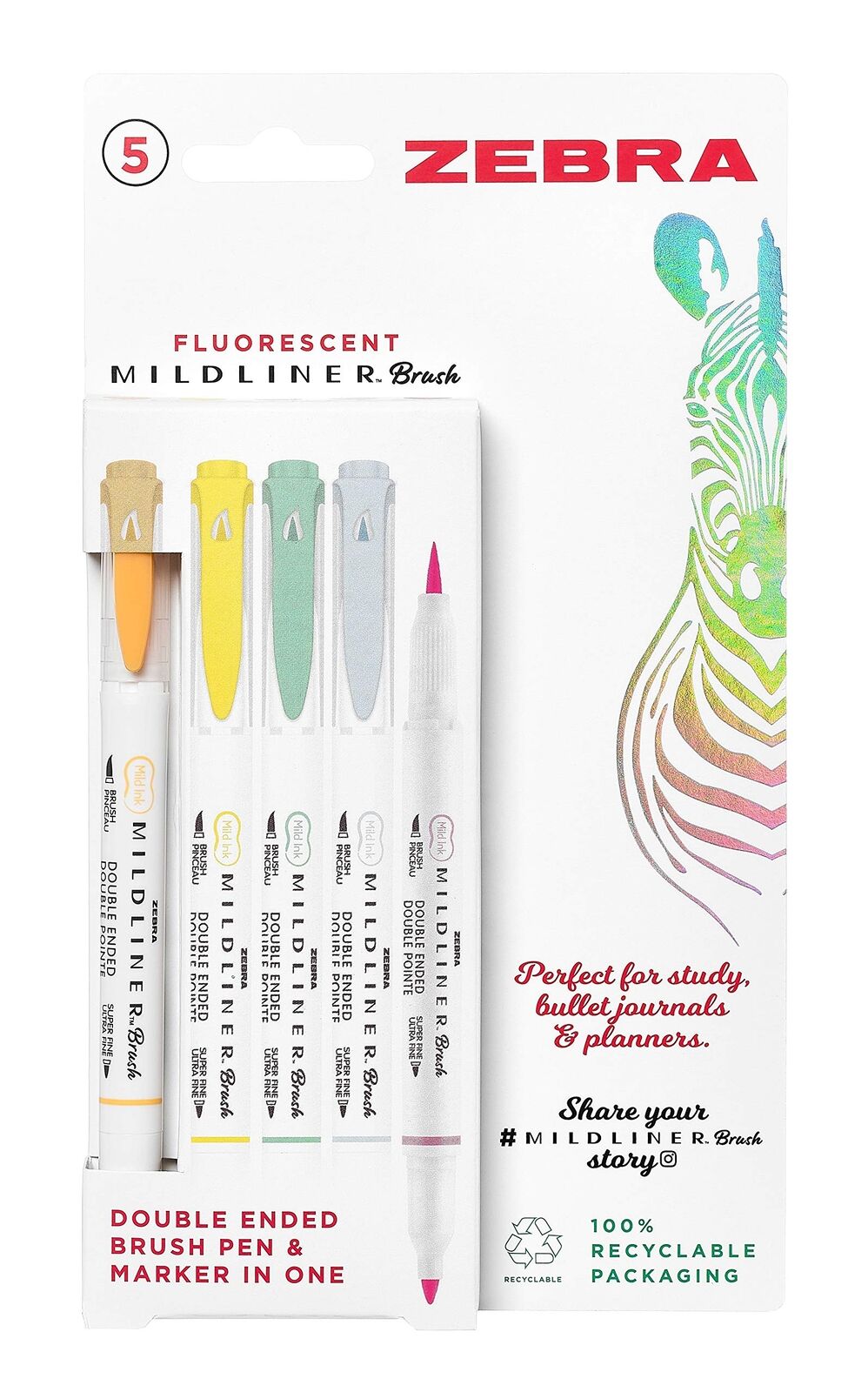 Zebra Pen MILDLINER Dual Tip Brush Pens, Felt Tip Pens For Adults, Bullet Tip &