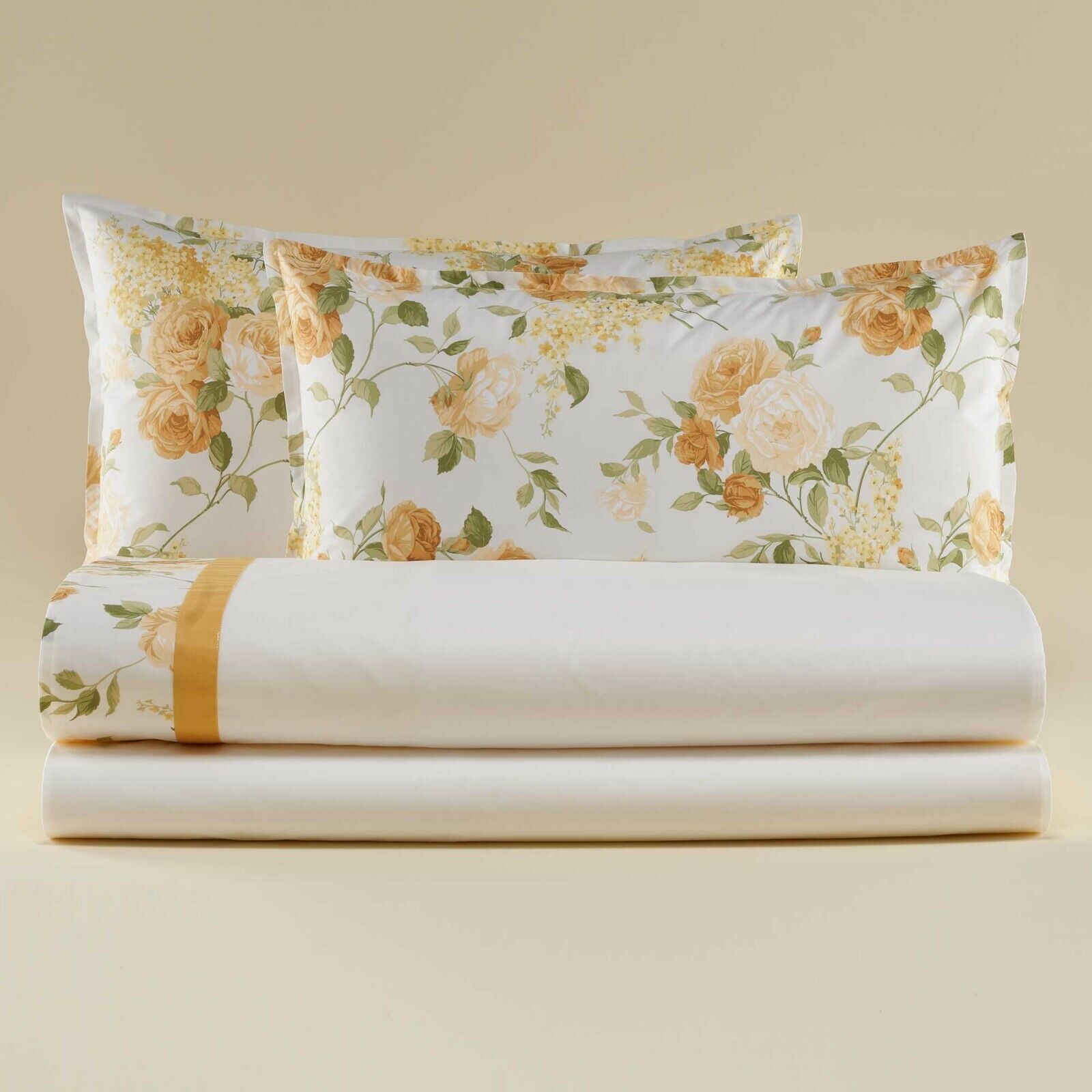 COMPLETO LETTO 2 PIAZZE LENZUOLA MATRIMONIALI FANTASIA ROSE COTONE RASO SENAPE
