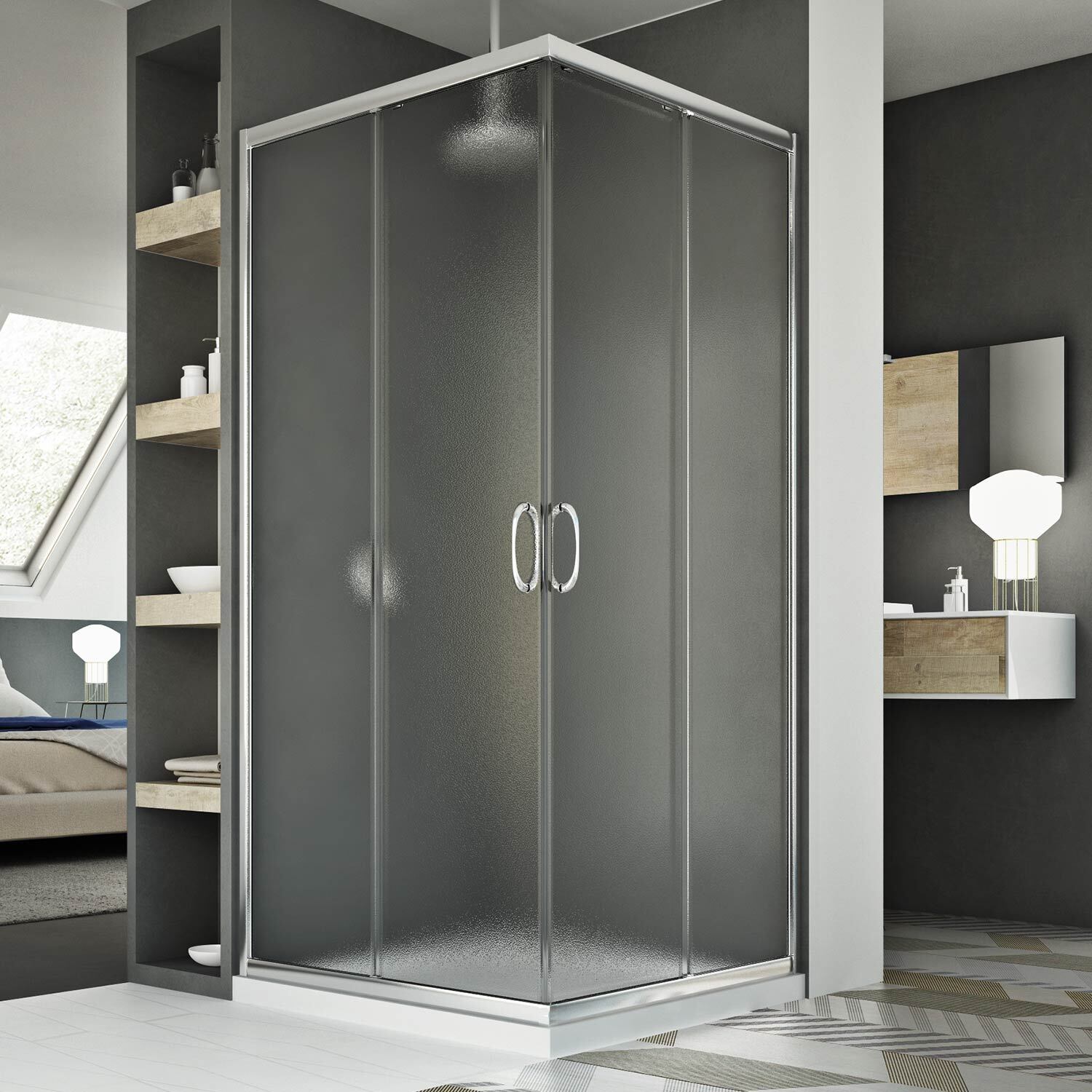 BOX DOCCIA ANGOLARE 90X90 CM CABINA VETRO 6MM SCORREVOLE CRISTALLO STAMPATO C