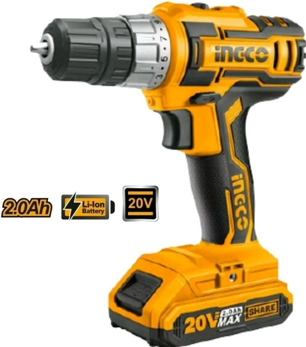 INGCO Trapano avvitatore a batteria litio 20V con 2 velocità cordless luce led
