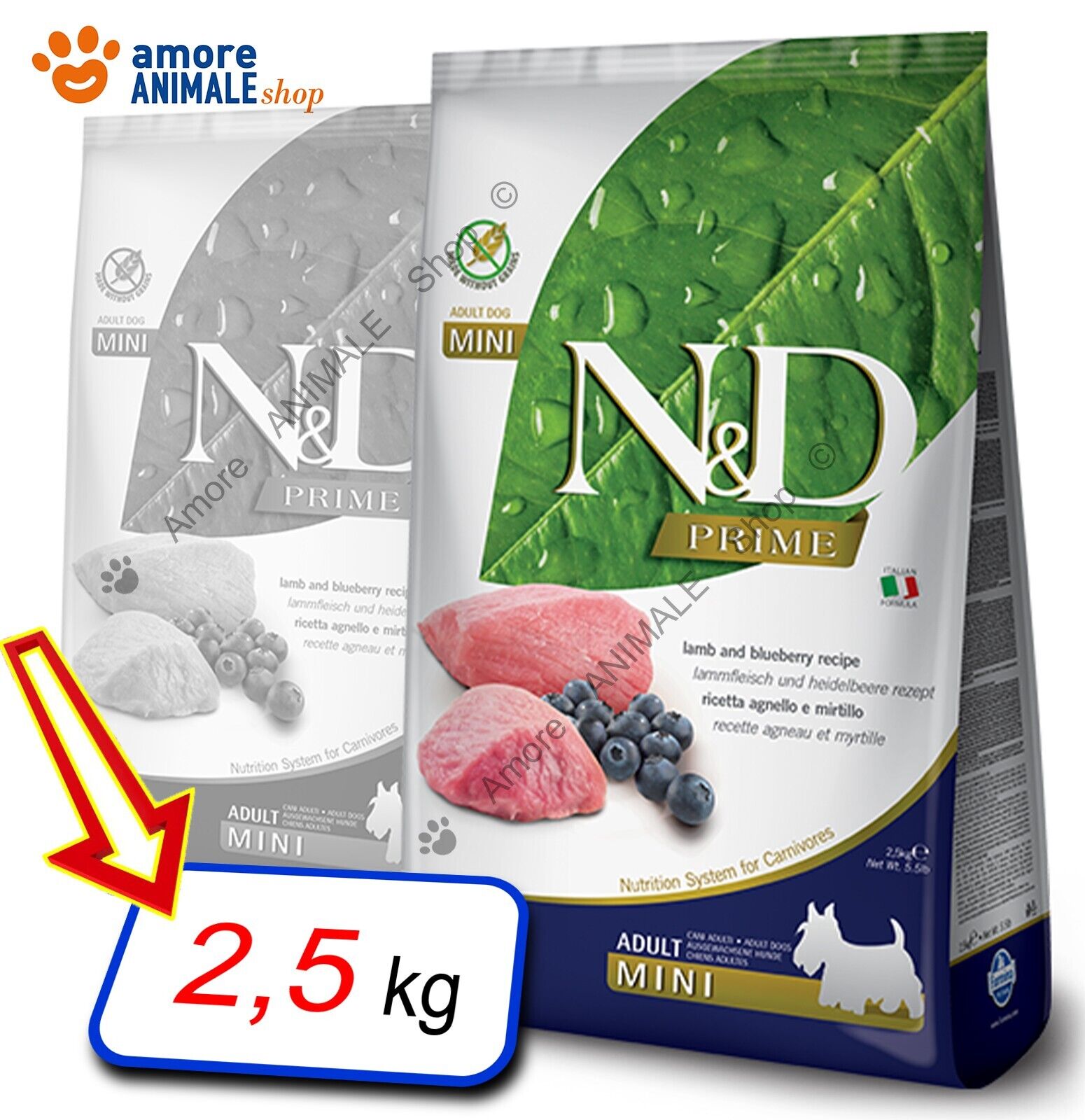 Farmina Dog N&D Prime Grain Free - Adult Mini → Agnello e Mirtillo - 2,5 kg Cane