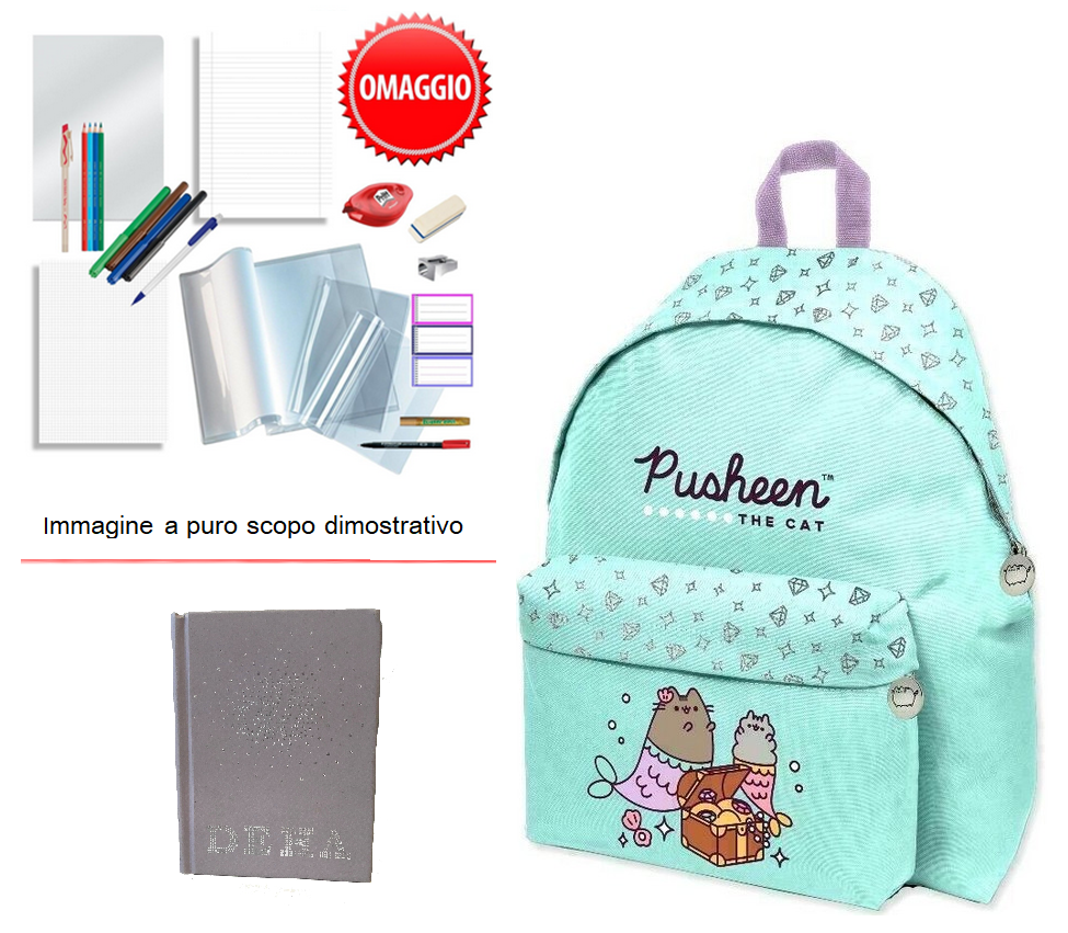 PUSHEEN THE CAT MERMAID Zaino Americano + Omaggio Diario e Set 42 pz Cancelleria
